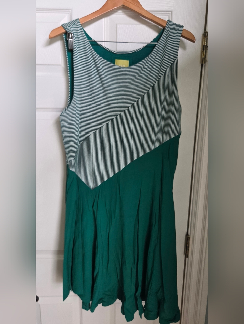 Maeve Dark Green and White Striped Sleeveless Asymmetrical Midi Dress